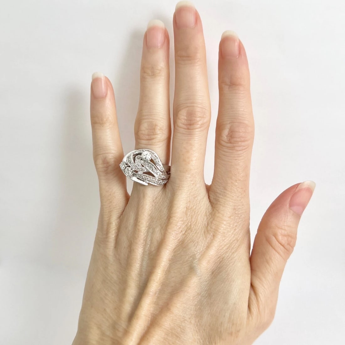 Vintage 1940's 1950's Asymmetrical Diamond Cocktail Ring 14K White Gold, 6.22 Gr - 2