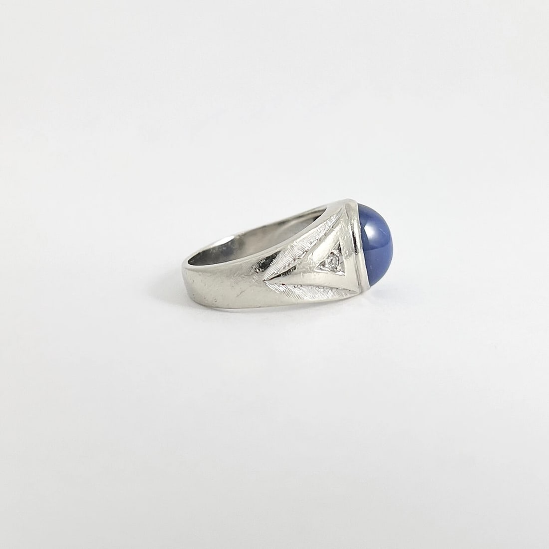 Vintage 1960s Blue Lab-Created Star Sapphire Diamond Ring 14K White Gold 6.07 Gr - 7