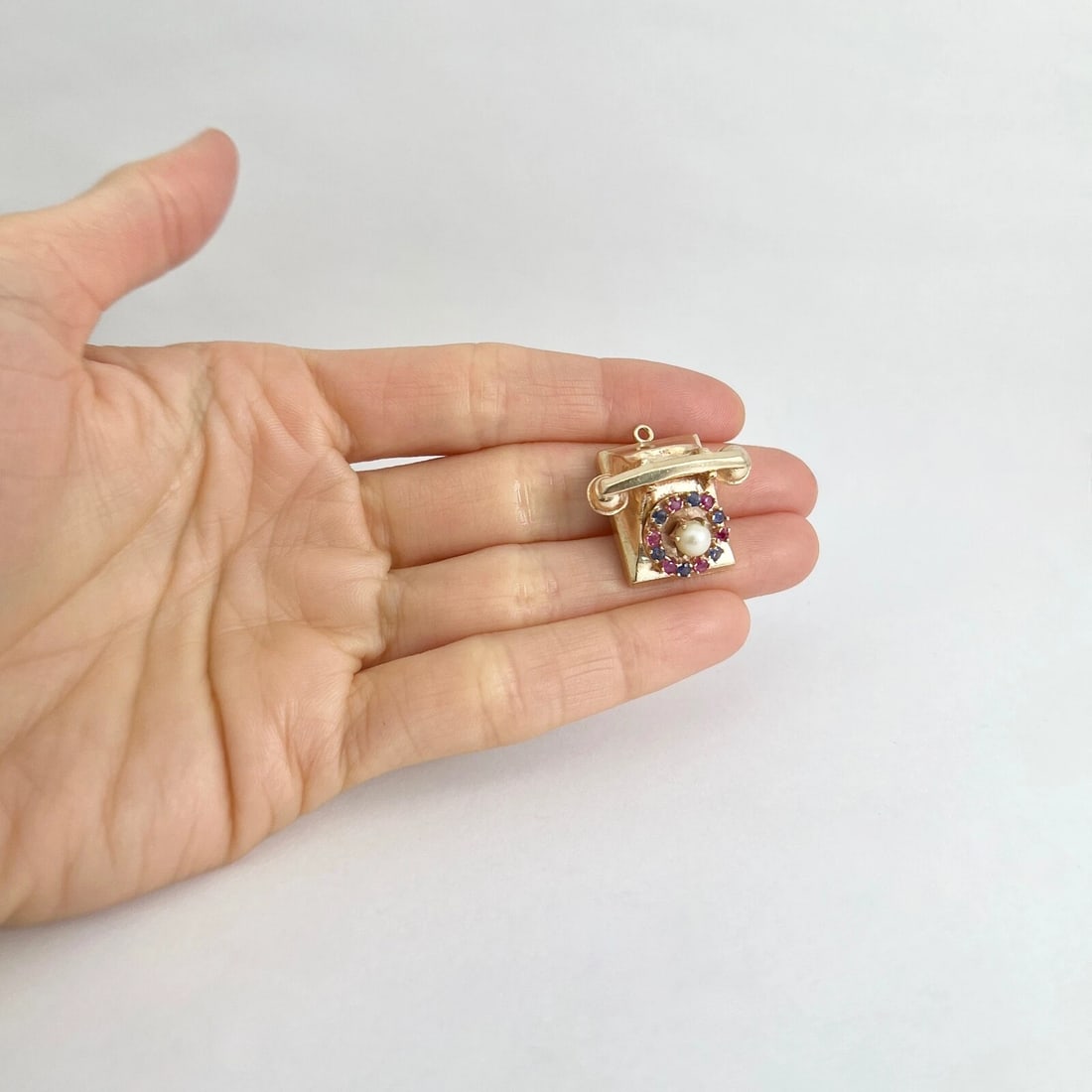 Vintage 1950's Pearl Ruby Sapphire Telephone Charm 14K Yellow Gold, 10.64 Grams - 3