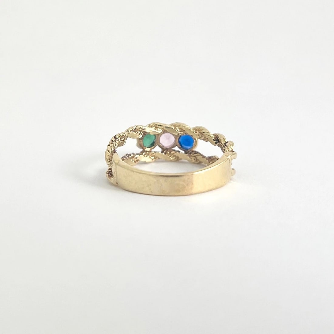 Vintage 3-Stone Multicolor Simulated Sapphire Rope Ring 14K Yellow Gold, 4.42 Gr - 7