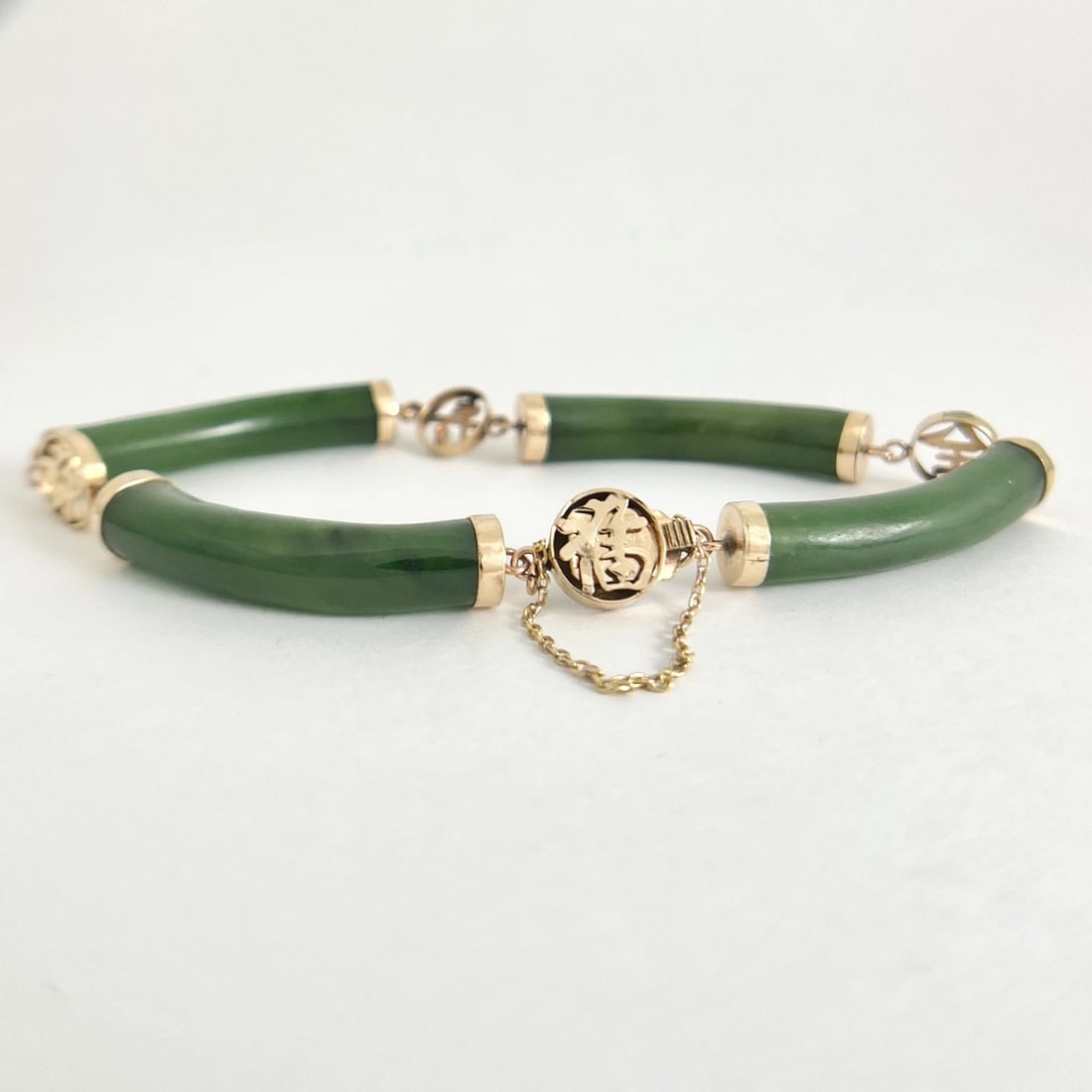 Vintage 1970's Green Jade Chinese Symbol Bracelet 10K Yellow Gold, 17.12 Grams - 7