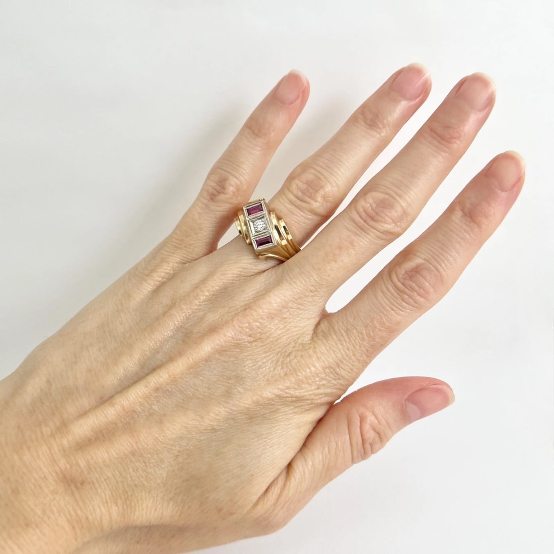 Vintage 1940's Ruby Diamond Asymmetrical Statement Ring 14K Yellow Gold, 7.27 Gr - 3