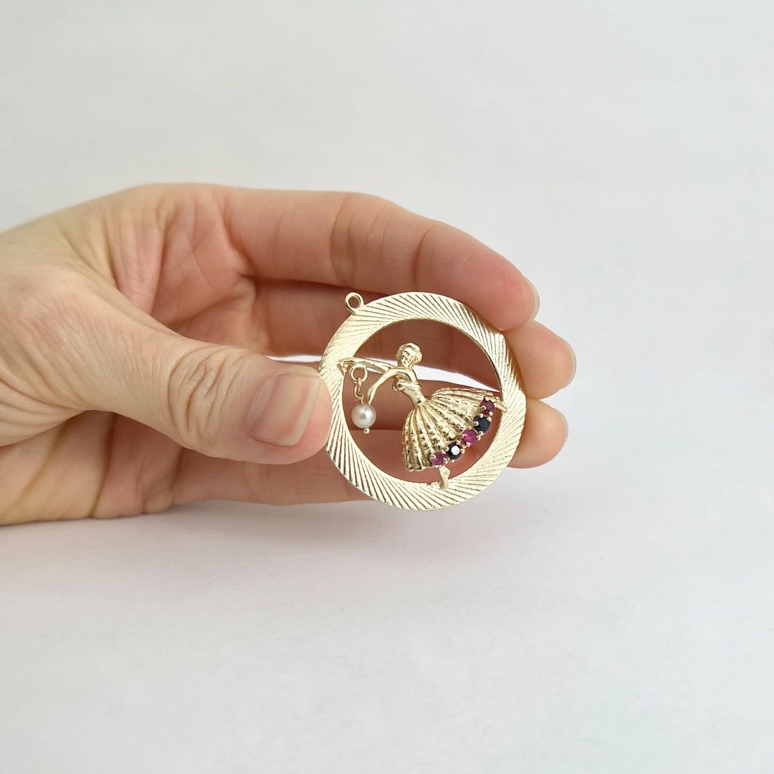 Vintage 1950's Pearl Ruby Sapphire Dancing Lady Charm 14K Yellow Gold, 8.22 Gr - 4
