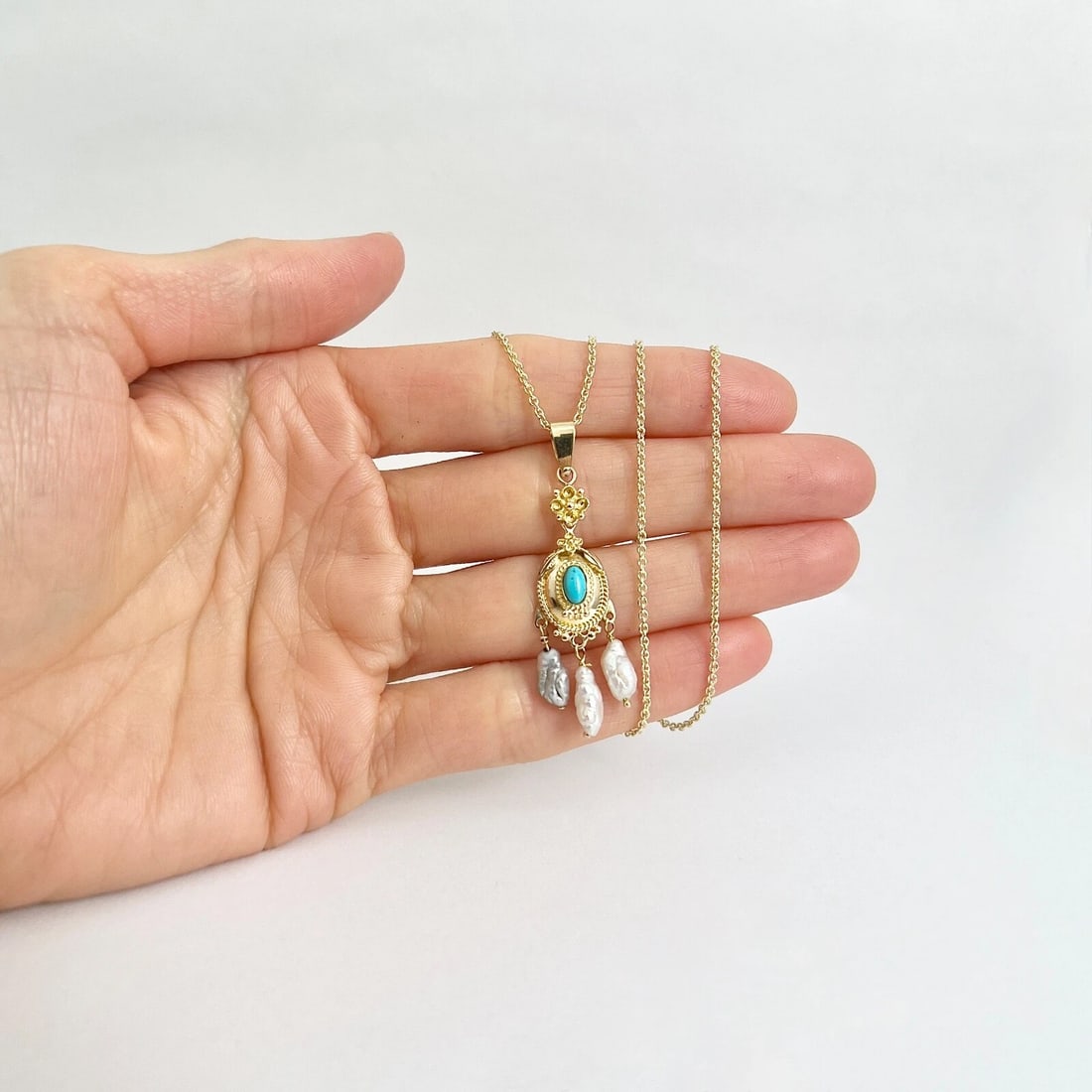 Vintage Oval Turquoise Baroque Pearl Pendant Necklace 14K Yellow Gold, 5.03 Gram - 2