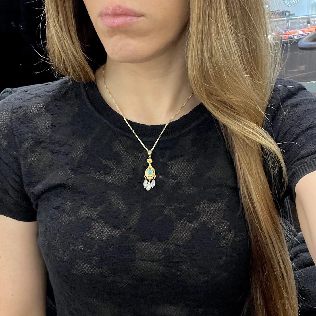 Vintage Oval Turquoise Baroque Pearl Pendant Necklace 14K Yellow Gold, 5.03 Gram - 4