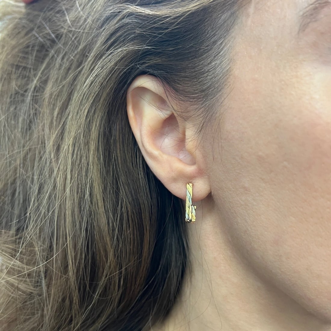 Vintage Tri-Color Square Hoop Earrings 18K Yellow Rose White Gold, 2.81 Grams - 3