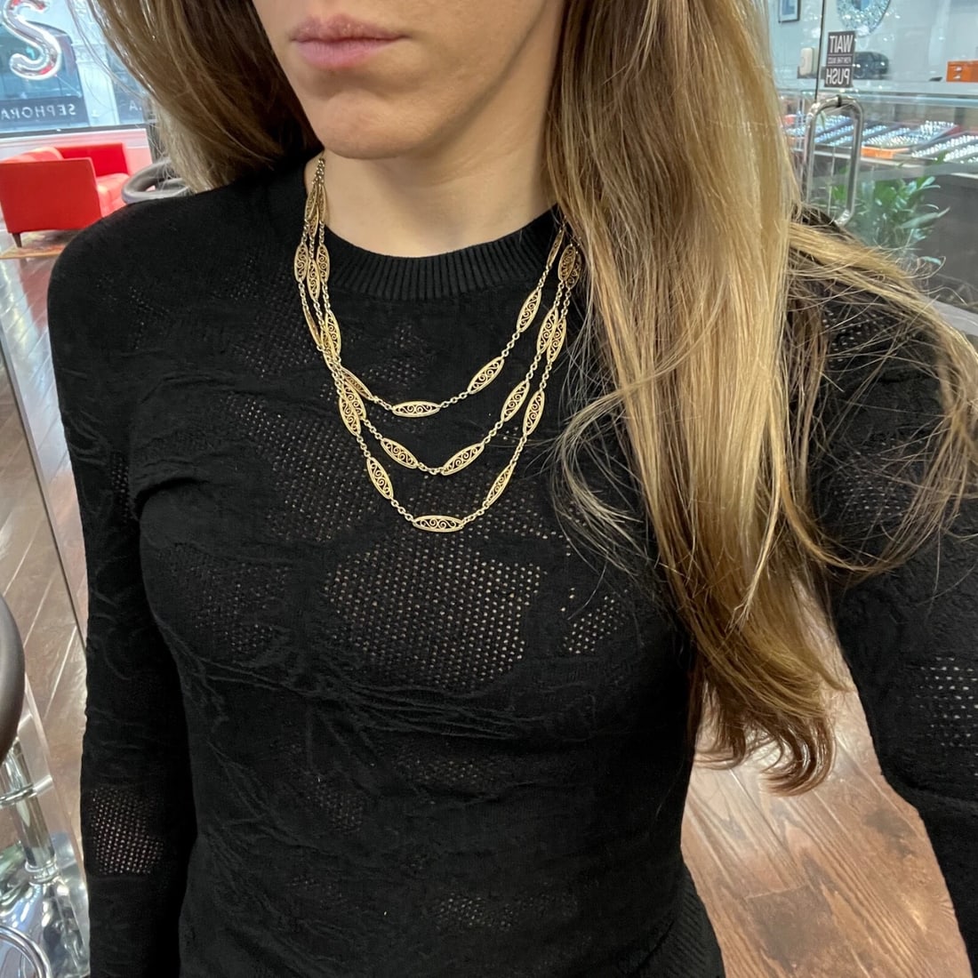 Antique Victorian Long Filigree Guard Chain Necklace 21K Yellow Gold, 39.06 Gram - 5