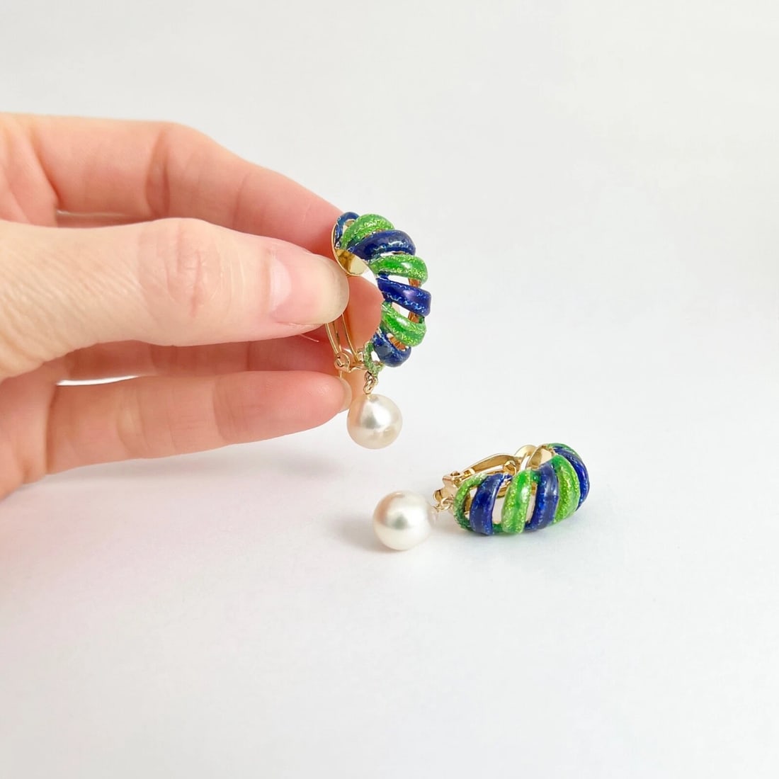 Vintage Blue Green Enamel Pearl Dangle Drop Earrings 14K Yellow Gold, 16.47 Gr - 2