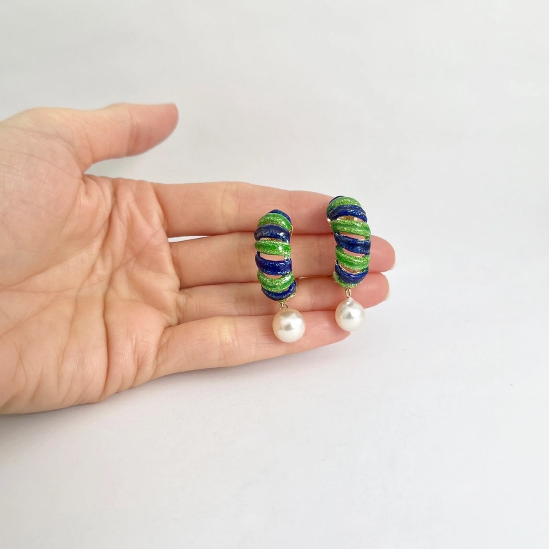 Vintage Blue Green Enamel Pearl Dangle Drop Earrings 14K Yellow Gold, 16.47 Gr - 4