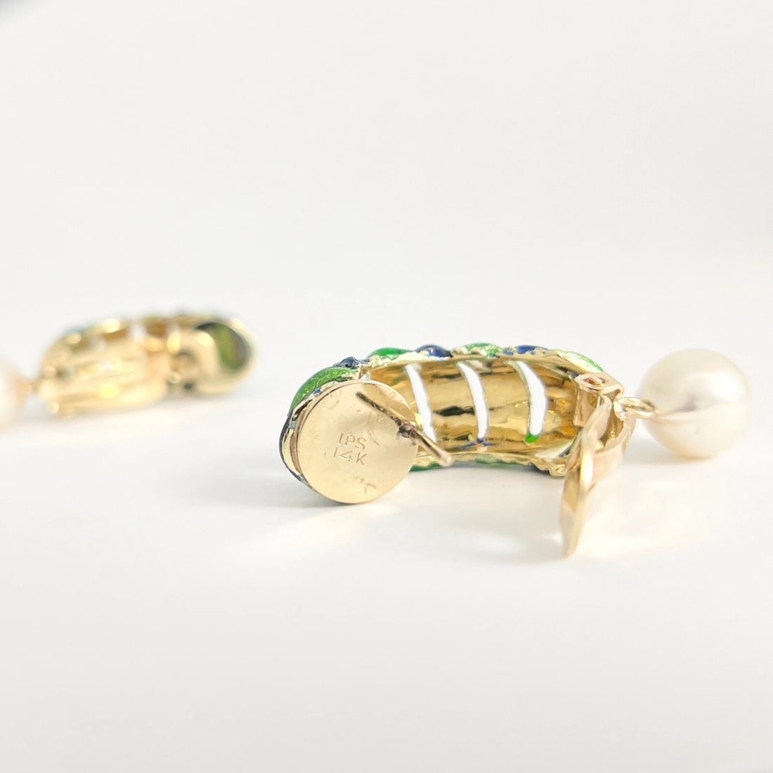 Vintage Blue Green Enamel Pearl Dangle Drop Earrings 14K Yellow Gold, 16.47 Gr - 9