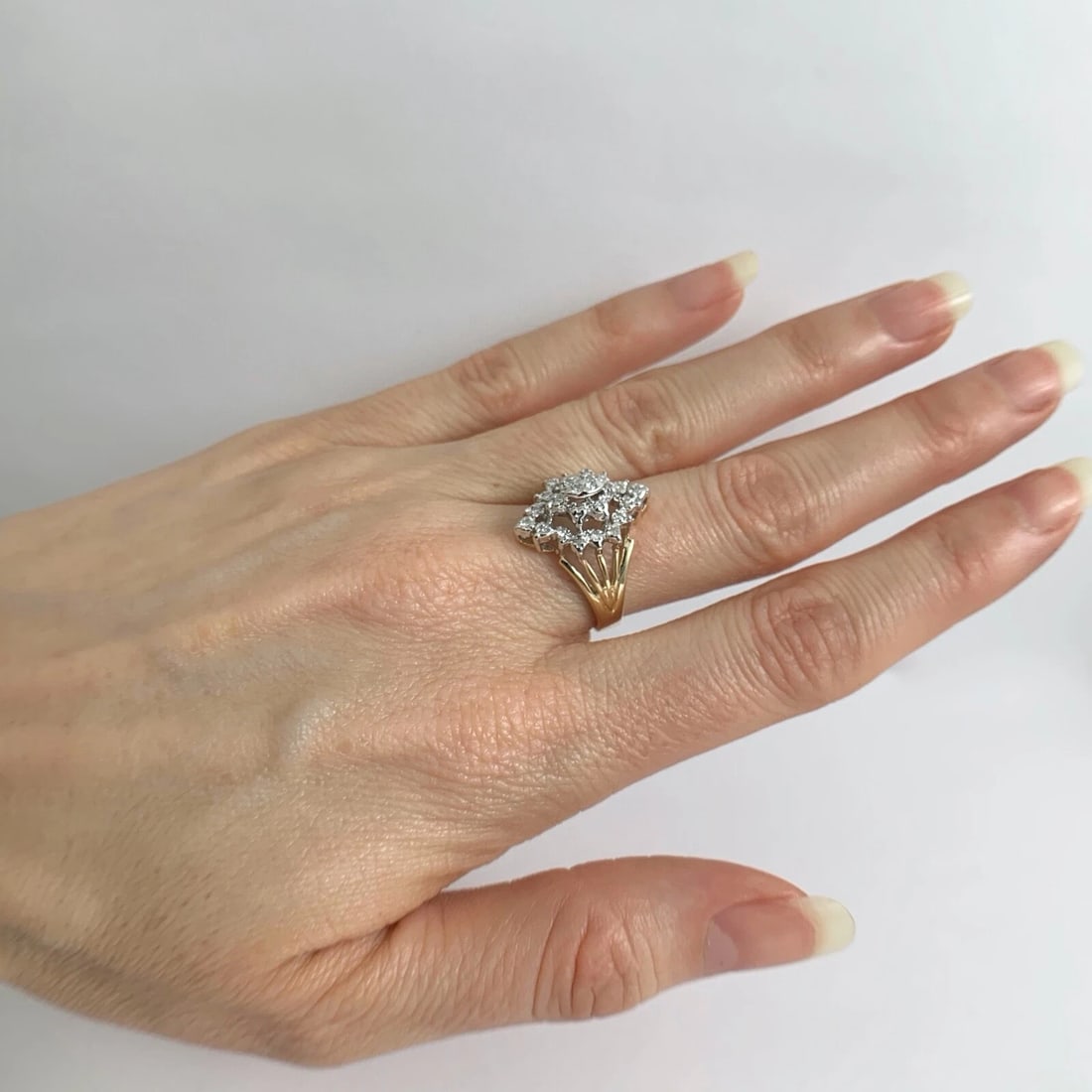 Vintage Diamond Cluster Two-Tone Statement Ring 14K Yellow White Gold, 4.18 Gram - 4