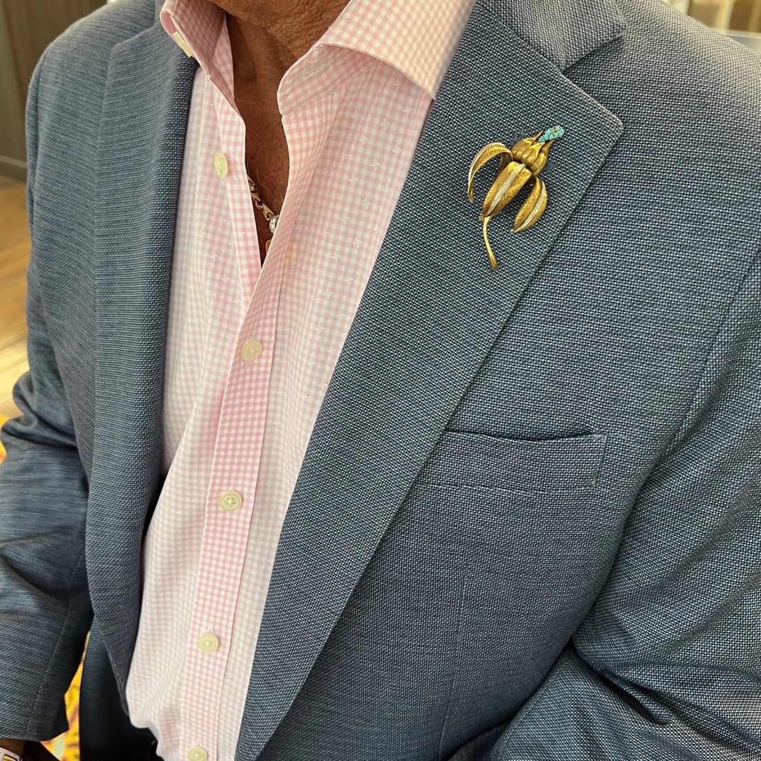 Vintage 1950's Turquoise Flower Brooch Pin in 18K Yellow Gold, 19 Grams - 4