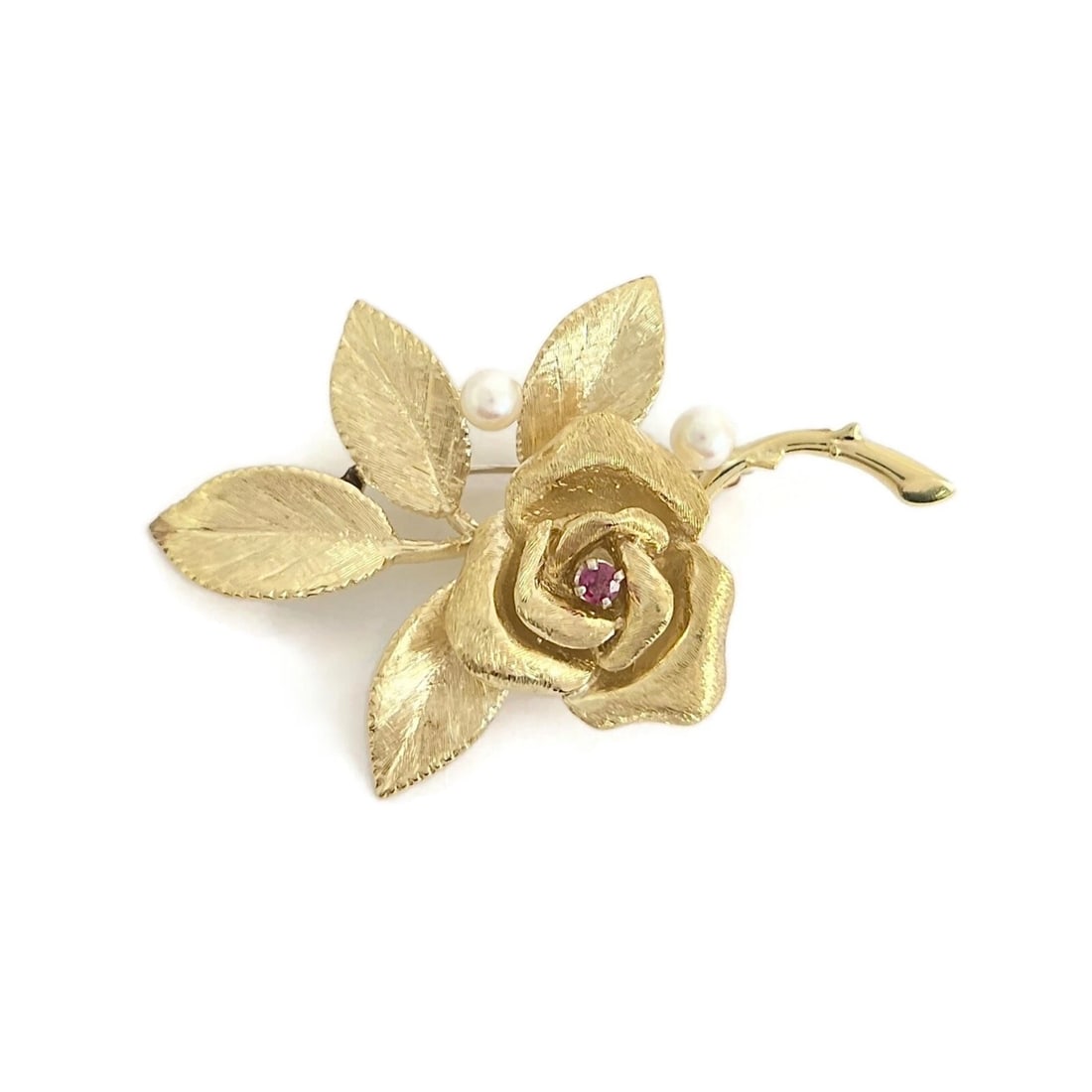 Vintage 1950's 1960's Pearl Ruby Flower Rose Brooch Pin 14K Yellow Gold 13.51 Gr: Title: Vintage 1950's 1960's Pearl Ruby Flower Rose Brooch Pin 14K Yellow Gold 13.51 Gr Description: Vintage 1950's 1960's Pearl Ruby Flower Rose Brooch Pin 14K Yellow Gold 13.51 Gr This is a unique b