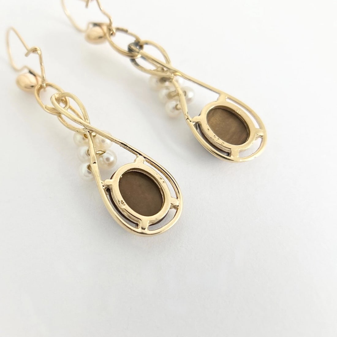 Vintage Oval Brown Jade Pearl Dangle Drop Earrings 14K Yellow Gold, 5.57 Grams - 7