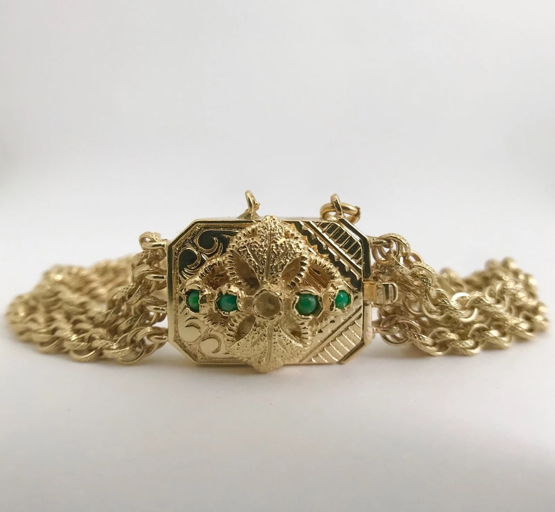 Vintage 1940's Jade Pendant Multi-Strand Chain Bracelet 14K Yellow Gold 23.96 Gr - 7