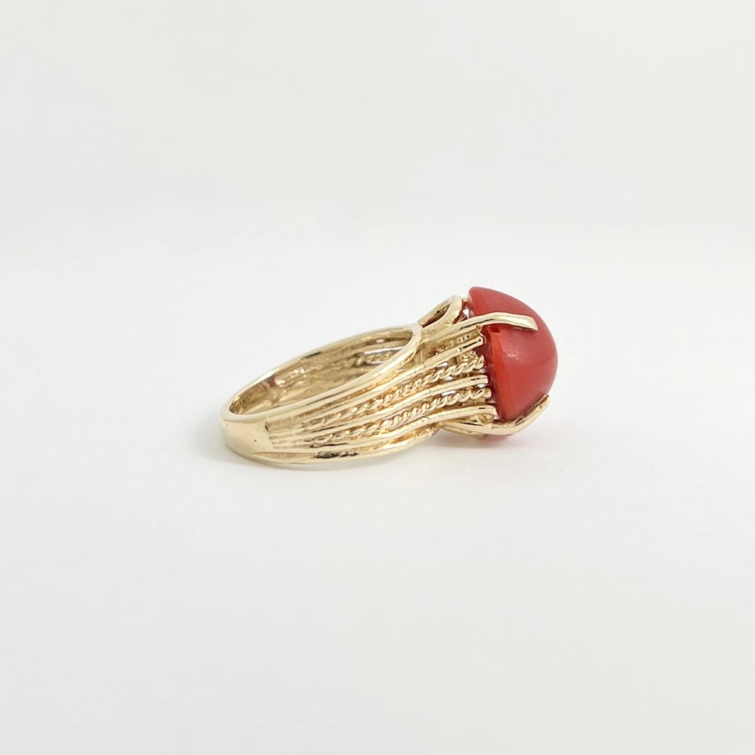 Vintage 1960's Cabochon Red Coral Cocktail Ring 12K Yellow Gold, 7.93 Gr - 6