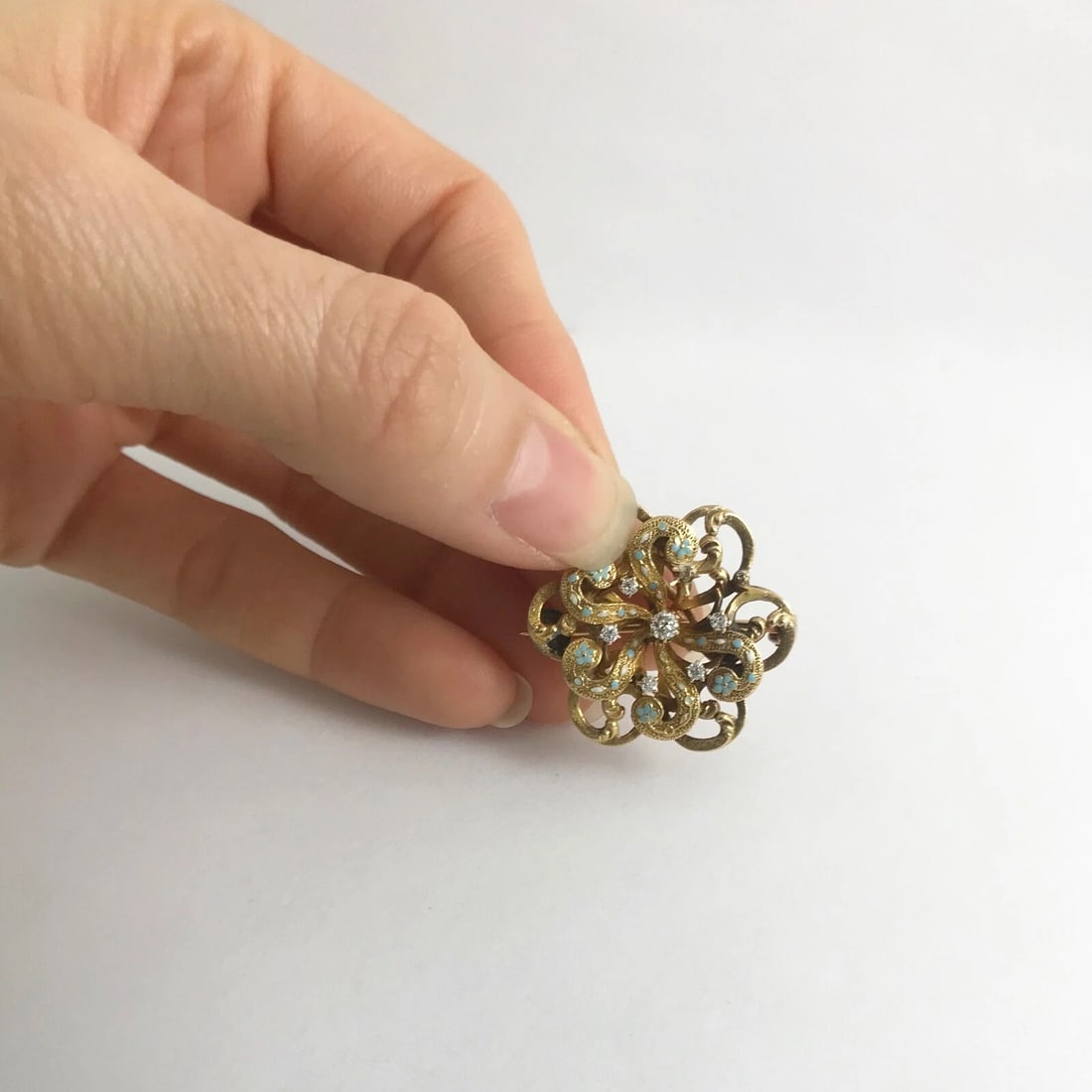 Antique Edwardian Diamond Turquoise Enamel Brooch Pin 20K Yellow Gold, 5.19 Gram - 2