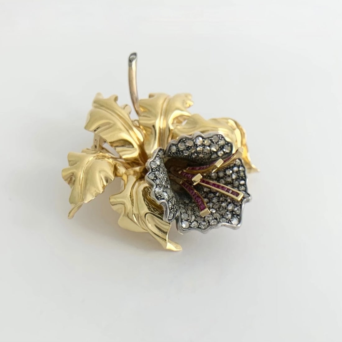 Antique Art Nouveau Diamond Ruby Flower Brooch Pin 18K Yellow Gold, 38.16 Gr - 6