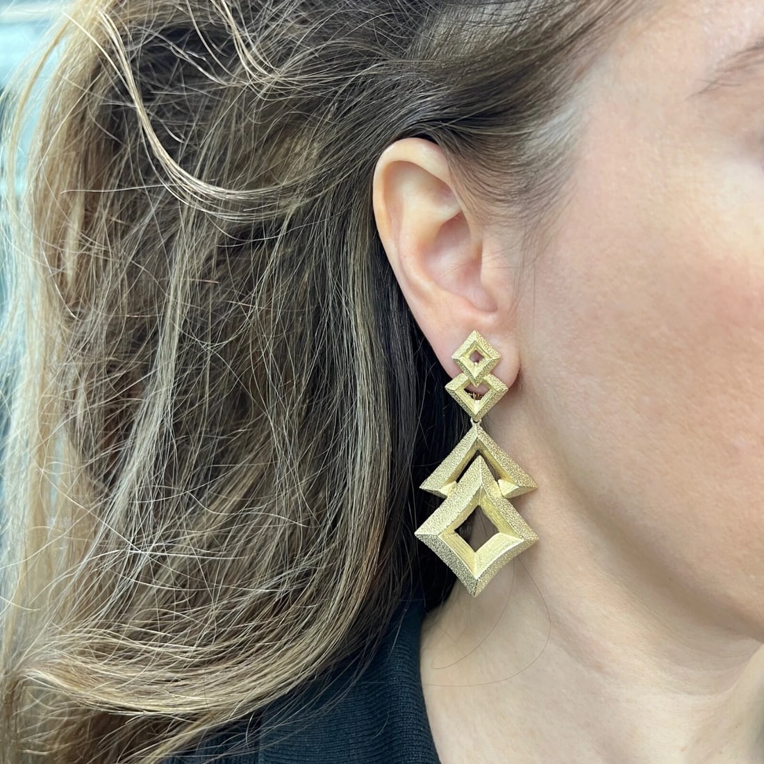 Vintage 1960's Long Geometric Dangle Drop Earrings 14K Yellow Gold, 29.36 Grams - 4