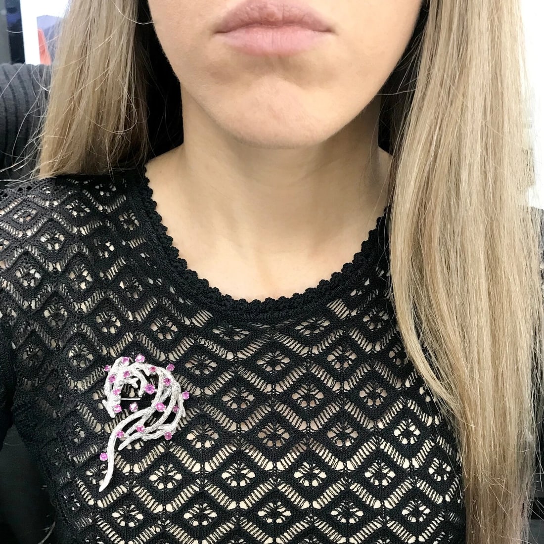 Vintage 1960's Pink Sapphire Gemstone Brooch Pin 18K White Gold, 23.5 Grams - 5