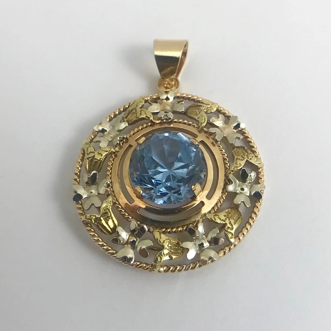 Vintage Round Blue Lab-Created Spinel Filigree Pendant 18K Yellow Gold, 10.25 Gr - 7