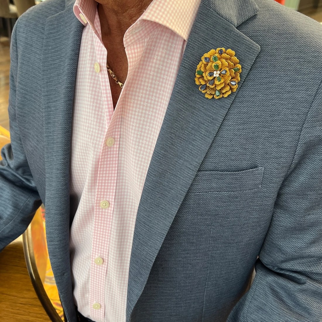 Vintage 1950's Sapphire Emerald Diamond Flower Brooch 18K Yellow Gold, 48.50 Gr - 4