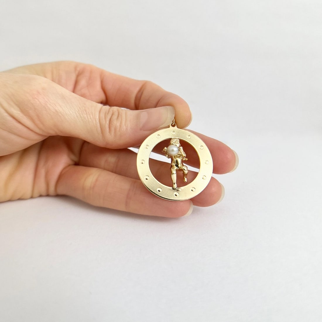 Vintage Cupid Cherub Pearl Necklace Pendant Charm 14K Yellow Gold, 6.56 Grams - 3