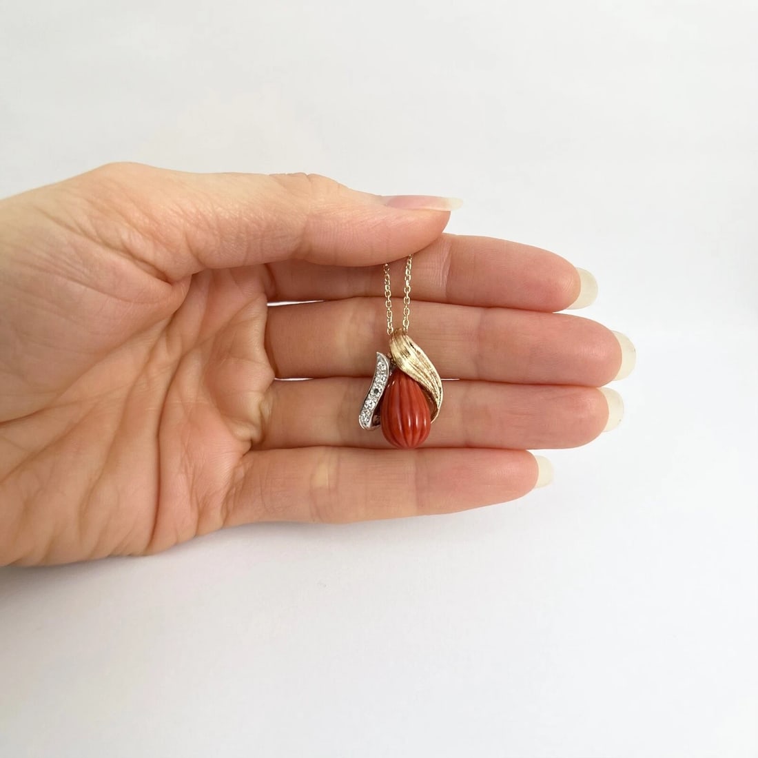 Vintage 1940's Diamond Teardrop Bead Pendant Necklace 14K Yellow Gold, 7.07 Gr - 2