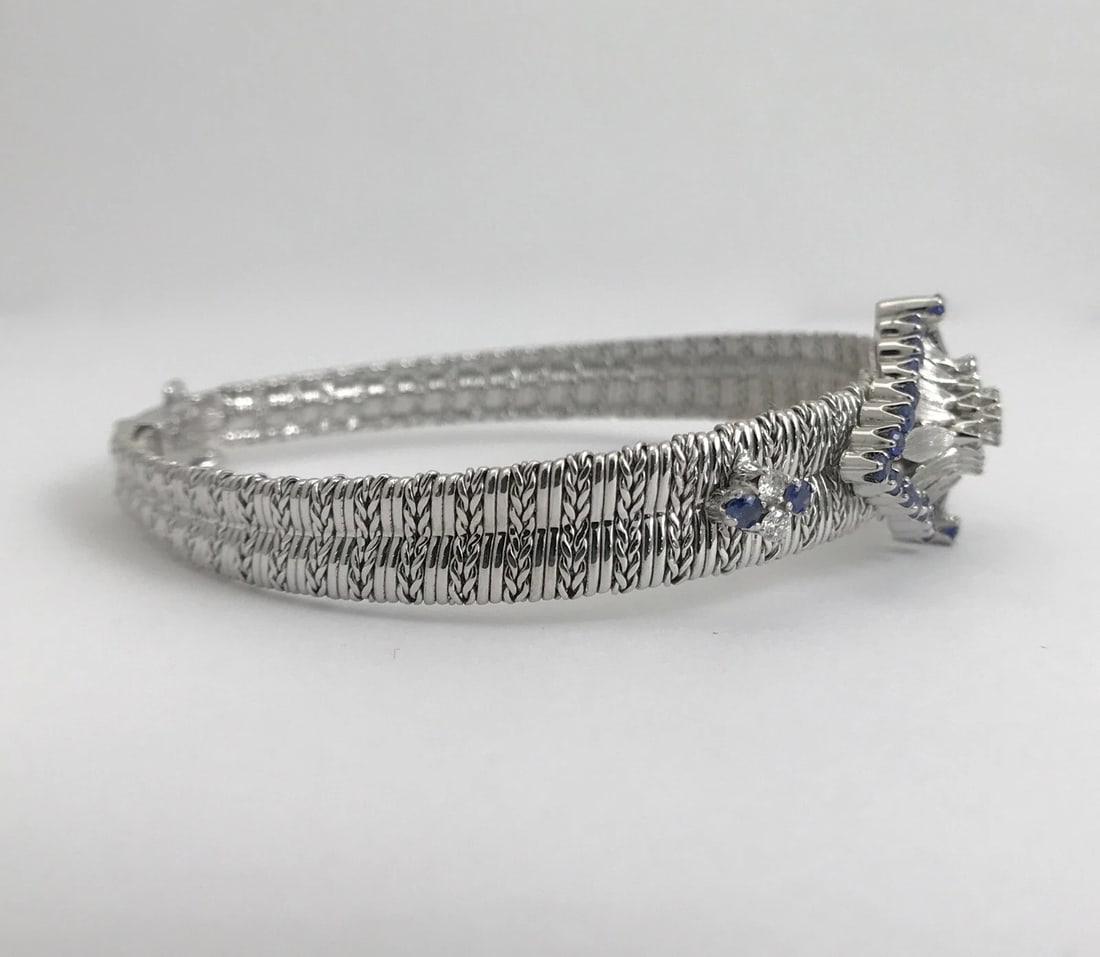 Vintage Blue Sapphire Diamond Geometric Cluster Bracelet 18K White Gold, 32.3 Gr - 8