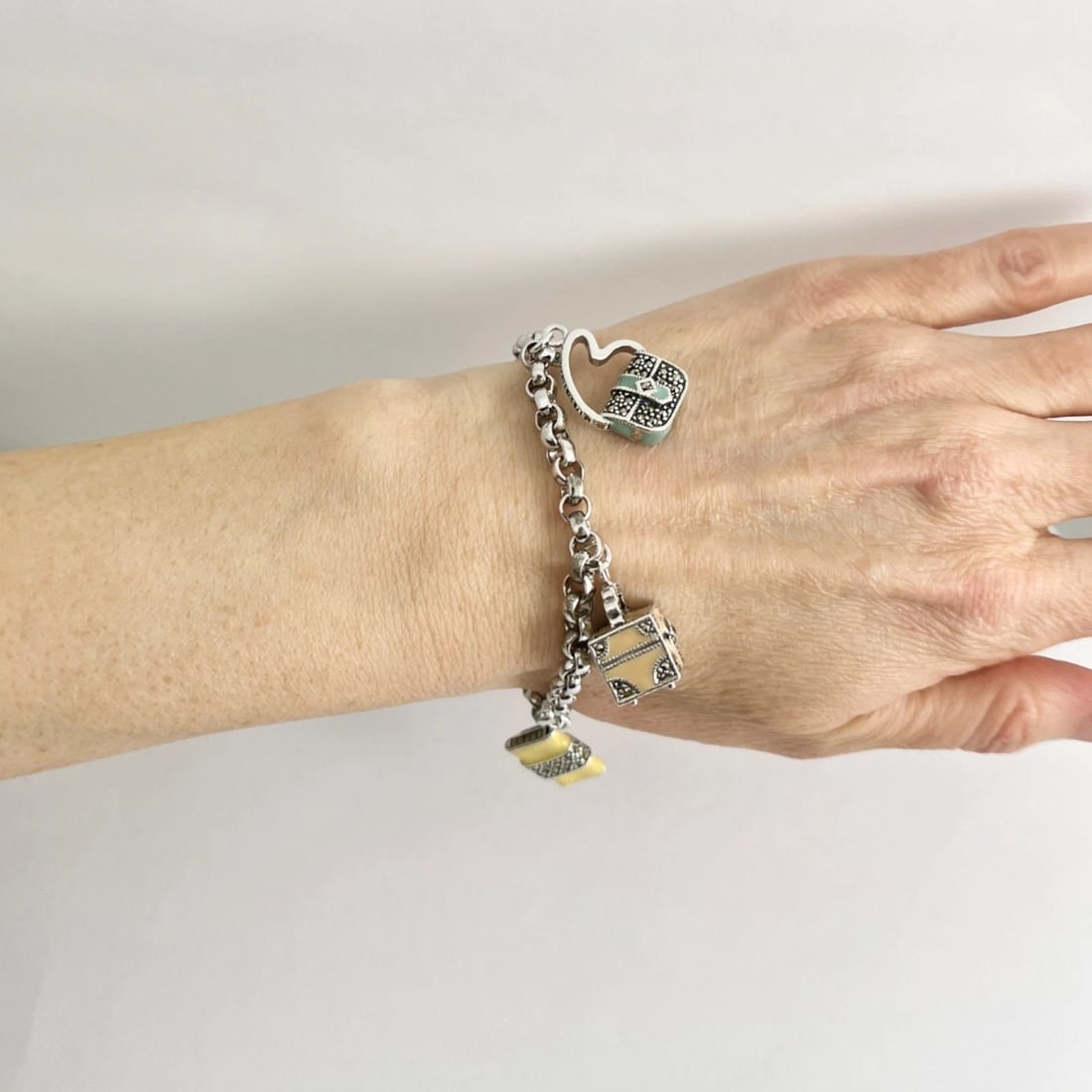 Vintage Judith Jack Enamel Purse Charm Bracelet Sterling Silver, 38.02 Grams - 5