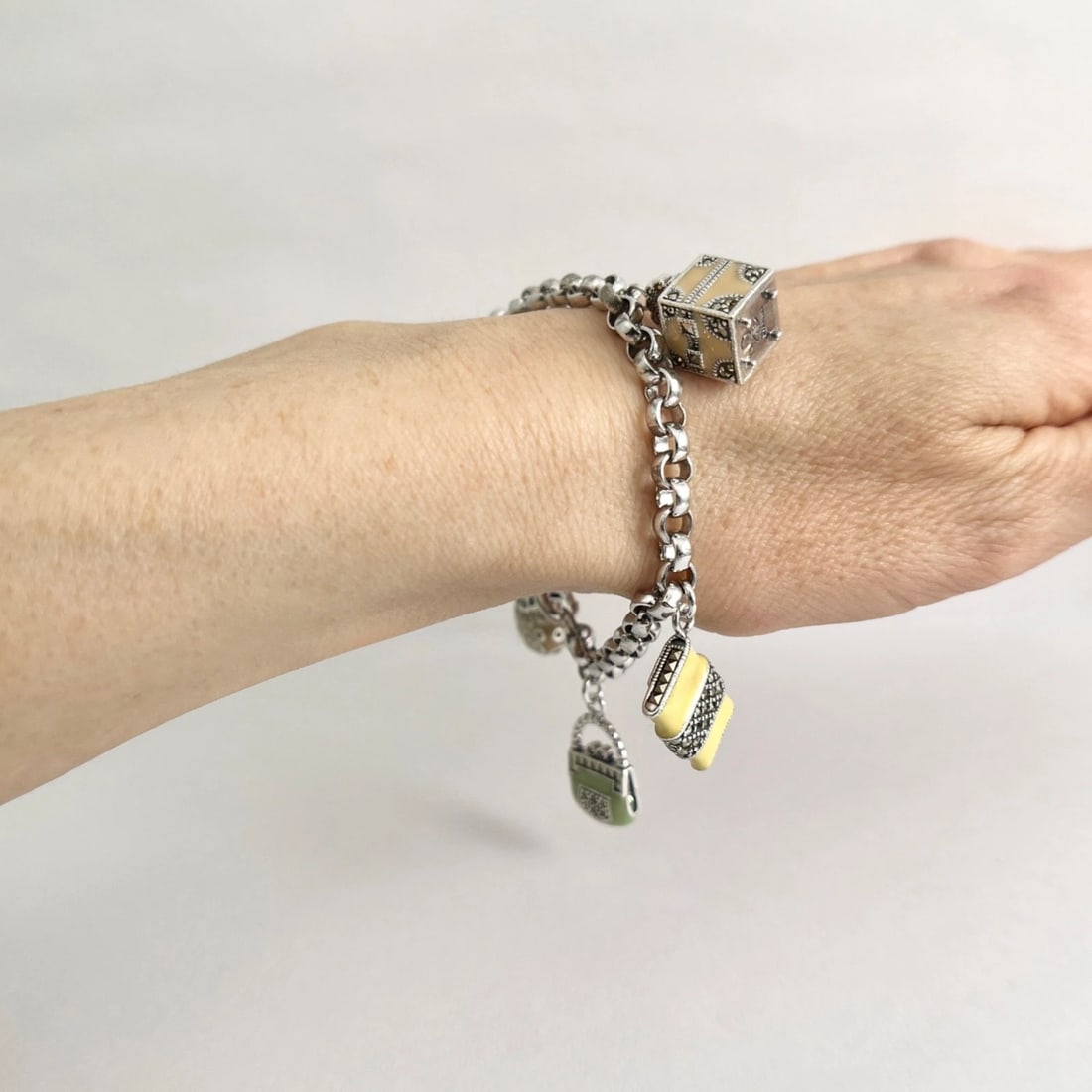 Vintage Judith Jack Enamel Purse Charm Bracelet Sterling Silver, 38.02 Grams - 6