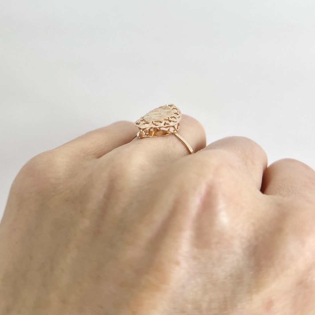 Vintage Filigree Pointed Navette Statement Ring 14K Rose Yellow Gold, 1.37 Grams - 4