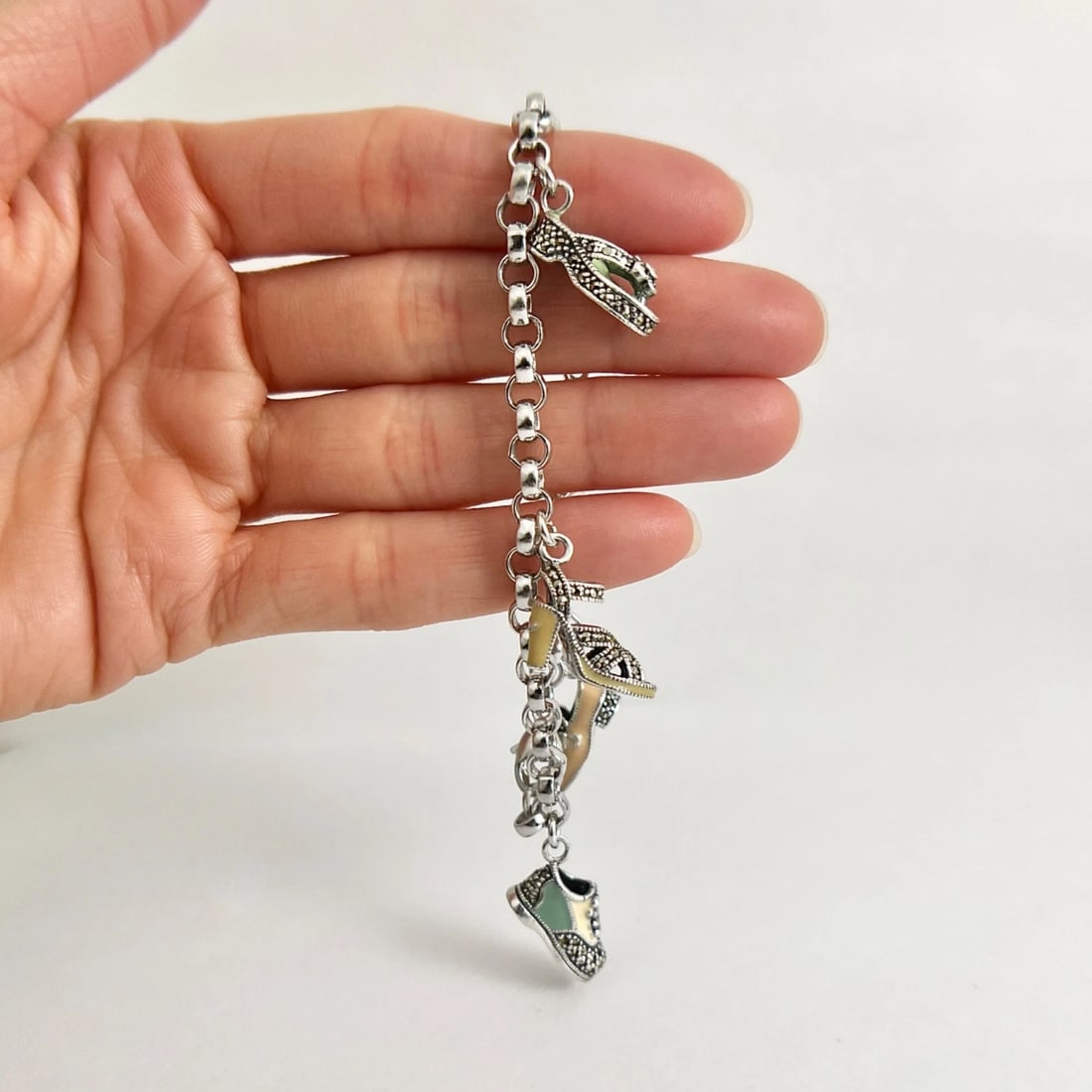 Vintage Judith Jack Enamel Shoe Charm Bracelet Sterling Silver, 27.47 Grams - 4