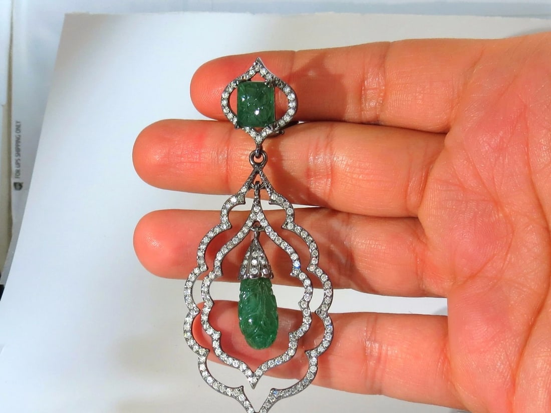 29.50ct NATURAL CARVED EMERALDS DIAMONDS DANGLING EARRINGS 14kt** - 2