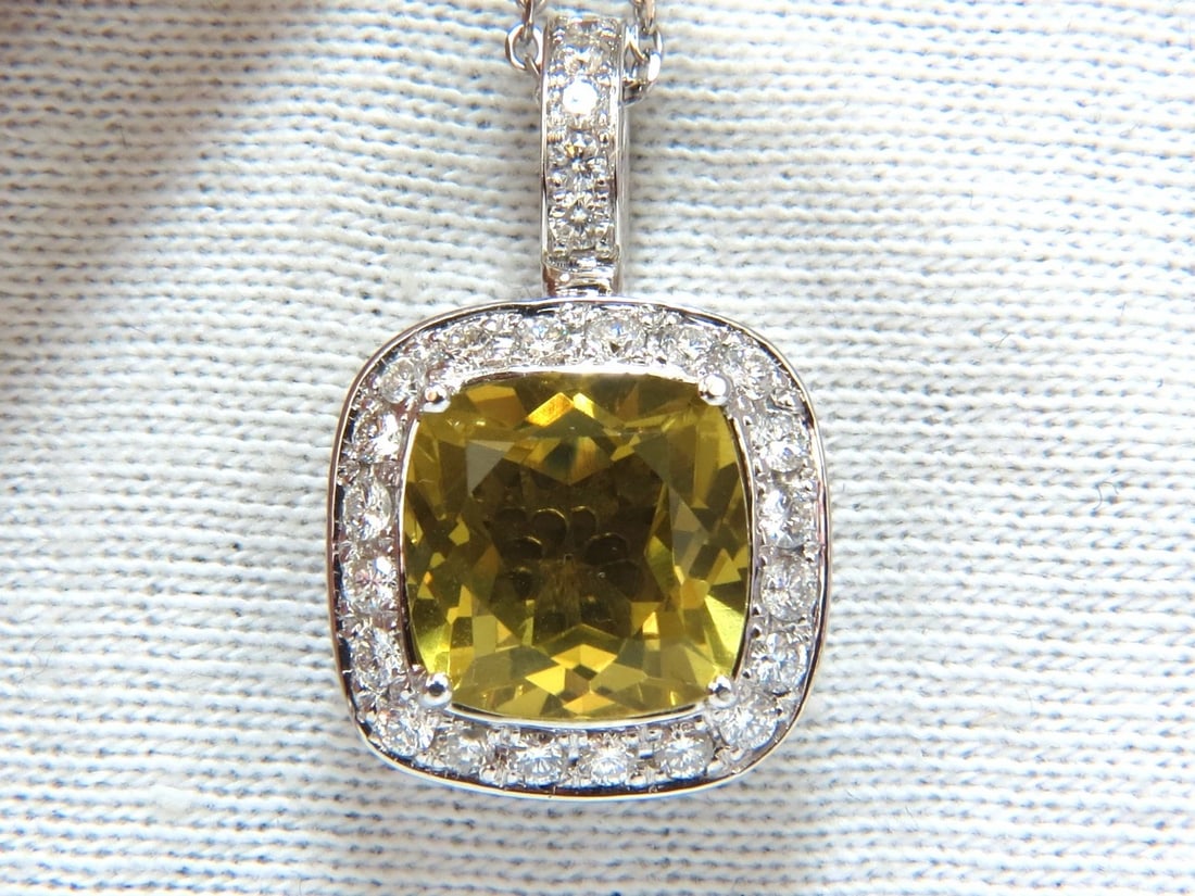 5.85ct natural cushion brilliant yellow quartz diamond pendant square halo**: Title: 5.85ct natural cushion brilliant yellow quartz diamond pendant square halo** Description: Lemon Dash. Square Halo Cluster Deco 5.00ct. Natural Lemon Quartz Necklace. Cushion cut Brilliant 10 X