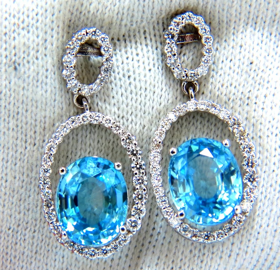 8.86ct natural vivid indigo blue zircon diamonds dangle earrings 14kt**: Title: 8.86ct natural vivid indigo blue zircon diamonds dangle earrings 14kt** Description: Magnificent Jewels 7.86ct. Natural Blue Zircon & 1.00ct. Diamond dangle earrings. Zircons: Oval cut, transpa