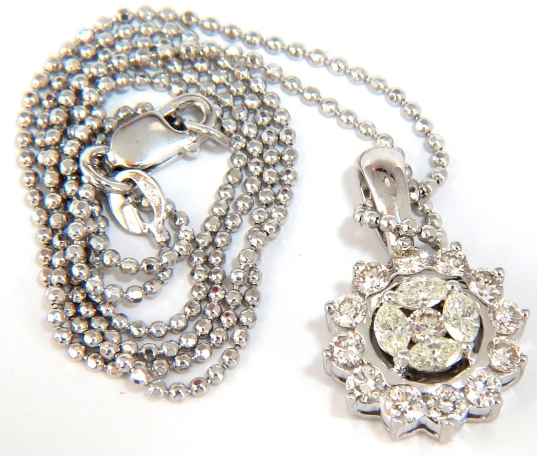 1.00CT NATURAL DIAMONDS MARQUISE CLUSTER HALO PENDANT BALL CHAIN NECKLACE+**: Title: 1.00CT NATURAL DIAMONDS MARQUISE CLUSTER HALO PENDANT BALL CHAIN NECKLACE+** Description: Marquise cluster Halo pendant & Chain 1.00ct. Natural round & marquise diamonds Full cut brilliants. 