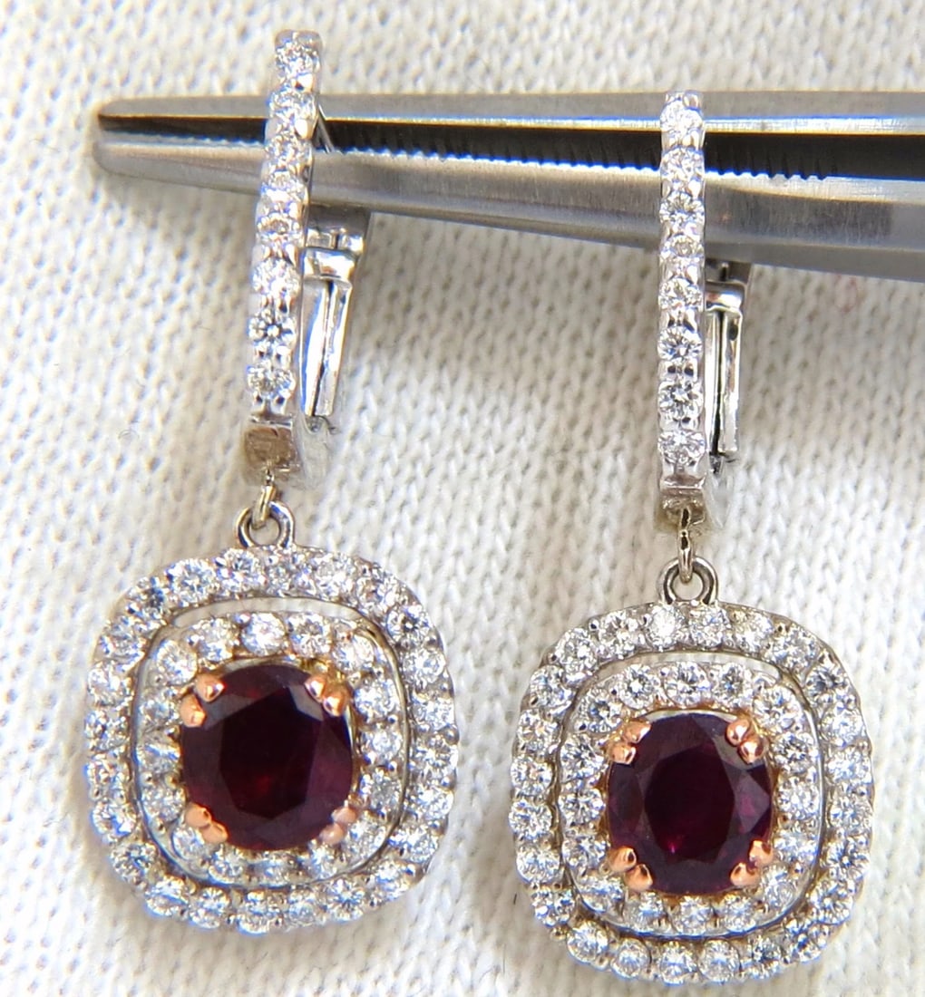 2.70ct natural deep red ruby diamond double halo dangle earrings 14kt**: Title: 2.70ct natural deep red ruby diamond double halo dangle earrings 14kt** Description: Ruby & Diamonds "Double Halo" Dangling Earrings. 1.50ct. Natural cushion cut Rubies. 5.2 X 4.5mm each. Clean