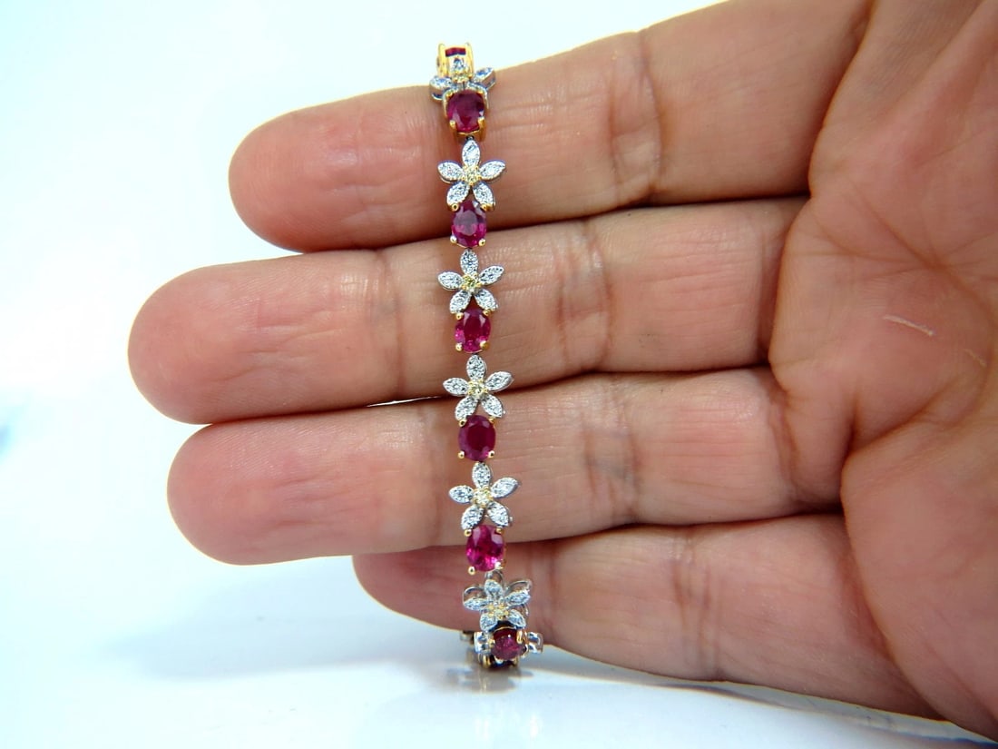 7.27ct Red natural ruby diamonds flower cluster tennis bracelet 18kt gold** - 3