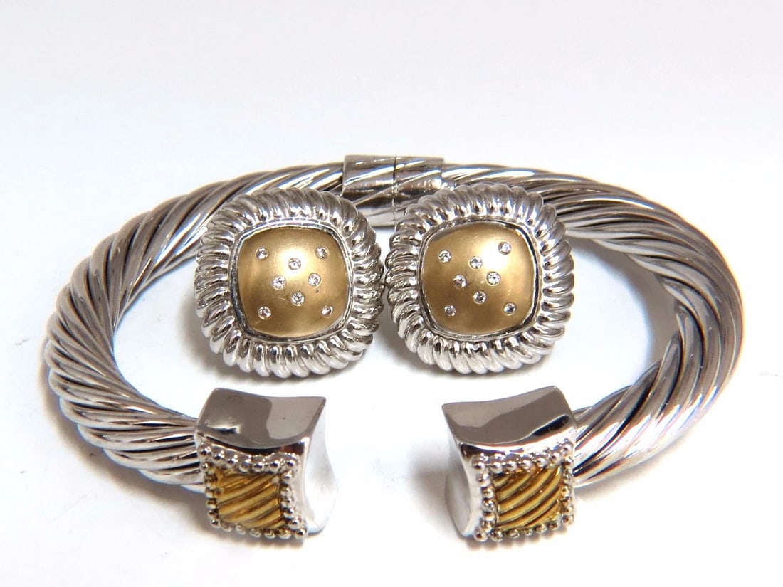 .26ct Diamonds Earrings, Bangle Set 14kt & Silver**: Title: .26ct Diamonds Earrings, Bangle Set 14kt & Silver** Description: Bangle & Earrings 14kt. yellow gold & Silver Earrings measure .8 x .8 inch comfortable omega clips .26ct natural round diamonds