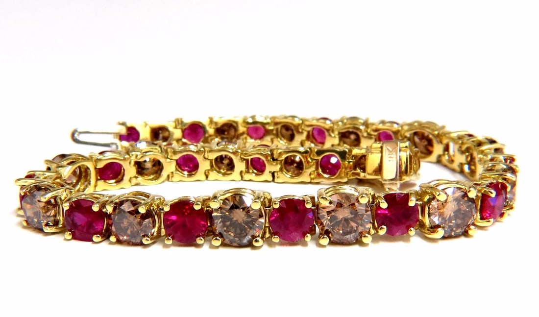 24.14ct Natural Fancy Brown Diamonds Red Ruby Bracelet 18kt Tennis**: Title: 24.14ct Natural Fancy Brown Diamonds Red Ruby Bracelet 18kt Tennis** Description: 10.43ct. Natural Ruby bracelet. Round cuts, Fully Faceted. Vibrant Red, excellent Sparkle. Clean Clarity &