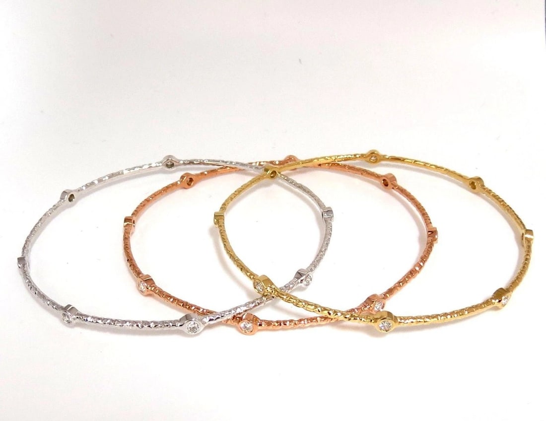 2.30ct (3) NATURAL DIAMONDS BANGLE BRACELETS 3D HAMMER FINISH DECO 14KT** - 2