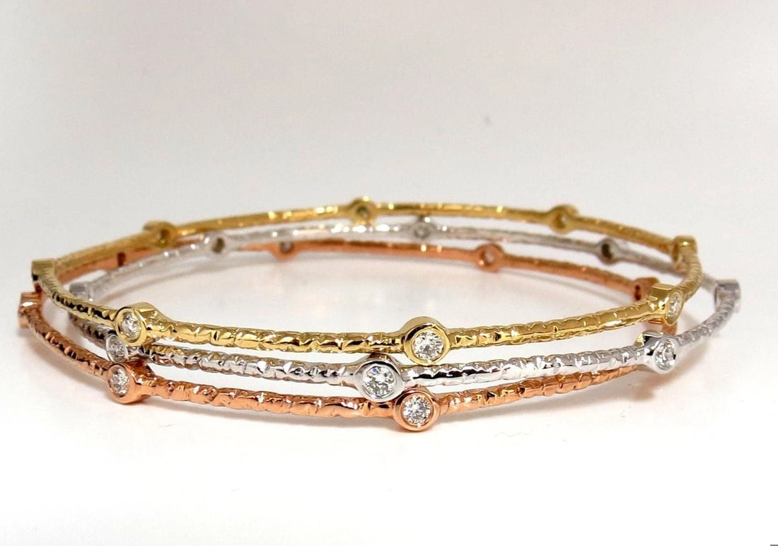 2.30ct (3) NATURAL DIAMONDS BANGLE BRACELETS 3D HAMMER FINISH DECO 14KT** - 4