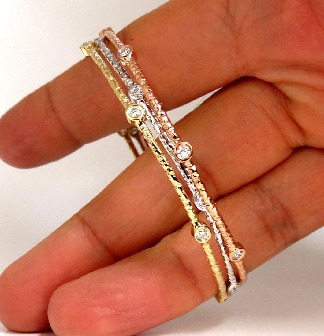 2.30ct (3) NATURAL DIAMONDS BANGLE BRACELETS 3D HAMMER FINISH DECO 14KT** - 7
