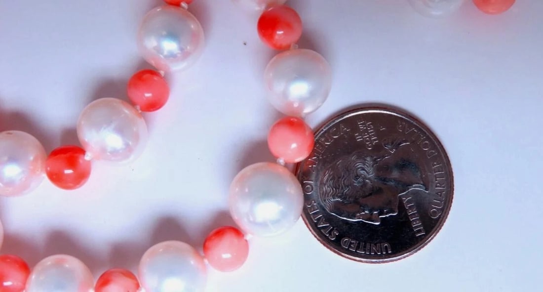 10mm freshwater Pearl Coral necklace 14kt Gold 12246** - 2