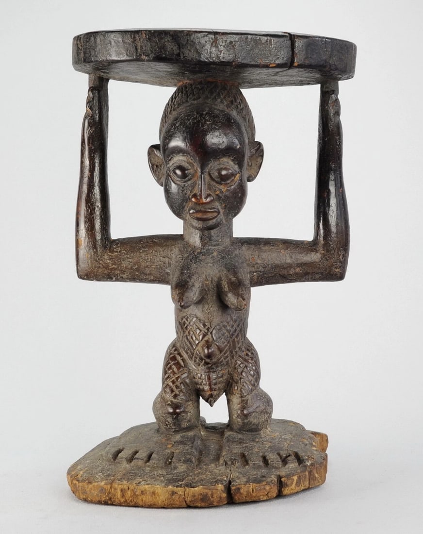LUBA Kanyok Cariatid Stool Seat figure Statue Tabouret African Tribal Art 0860 - 4