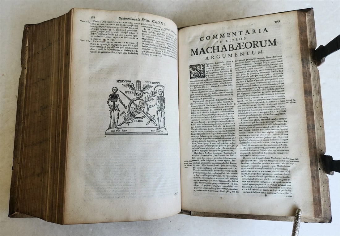 1716 COMMENTARIA in PROVERBIA SALOMONIS PIGSKIN BOUND FOLIO w/ CLASPS antique - 7