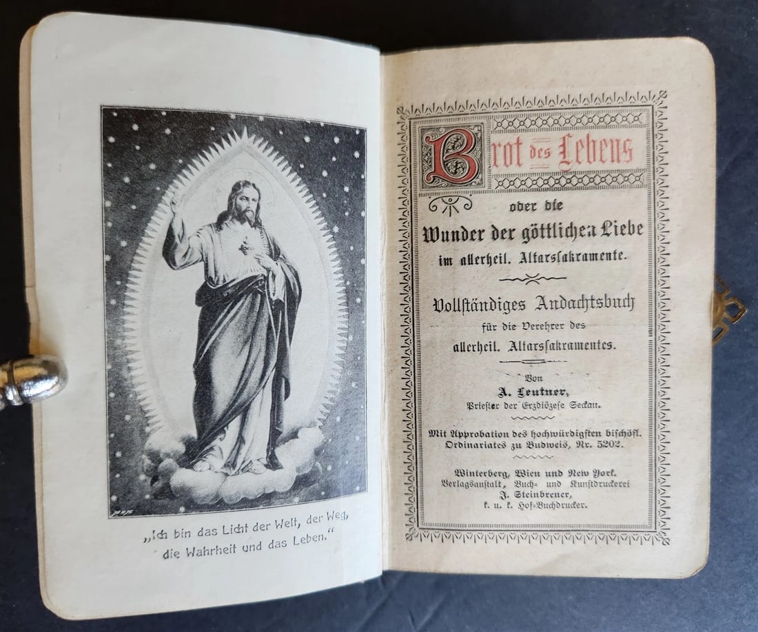 1890s PRAYER BOOK in GERMAN antique NICE BINDING w/ APPLIED BRASS CROSS - 8