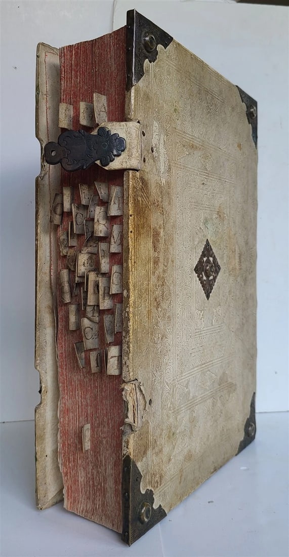 1756 CHORAL PSALTER IMPRESSIVE LARGE PIGSKIN FOLIO w/ METAL FITTINGS antique 16" - 3