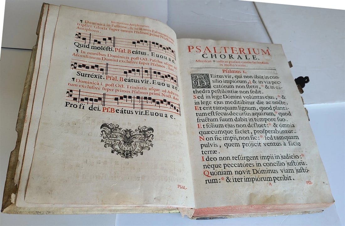 1756 CHORAL PSALTER IMPRESSIVE LARGE PIGSKIN FOLIO w/ METAL FITTINGS antique 16" - 8